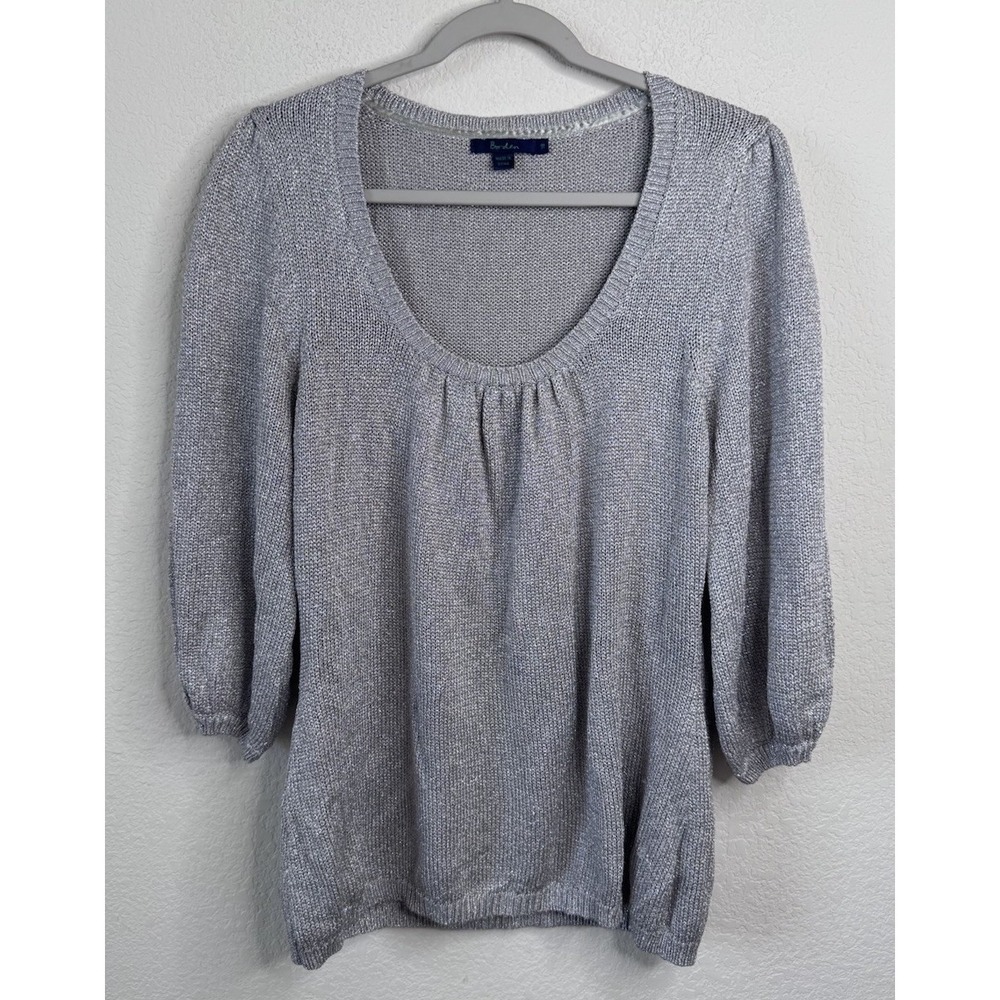 Boden Metallic‎ Knit Scoop Neck Sweater Women's 14 Silver Shimmer Puff Sleeve